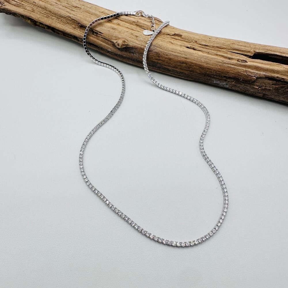 Sterling Silver CZ Tennis Necklace – 14” + 3” Extension